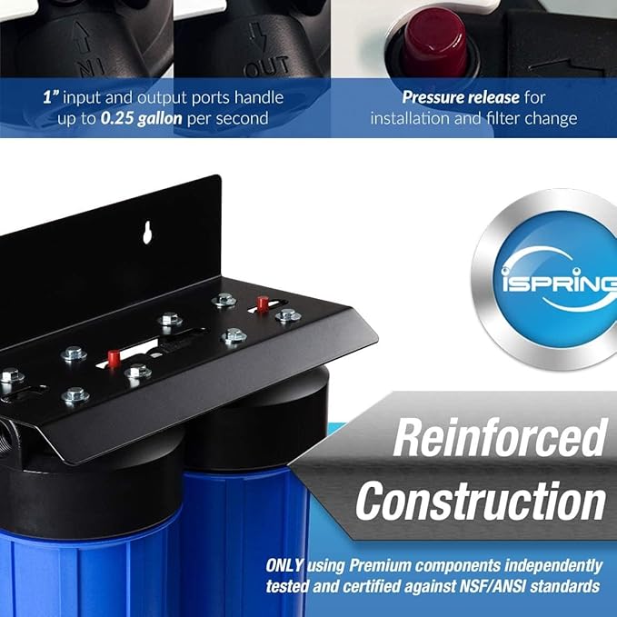 iSpring WGB21B-PB+AHPF12MNPT16X2 2-Stage Whole House Water Filtration System w/ 10” x 4.5” Carbon Block and Lead Reducing Filters and 3/4" Push-fit Braided Stainless Steel Hose Connectors