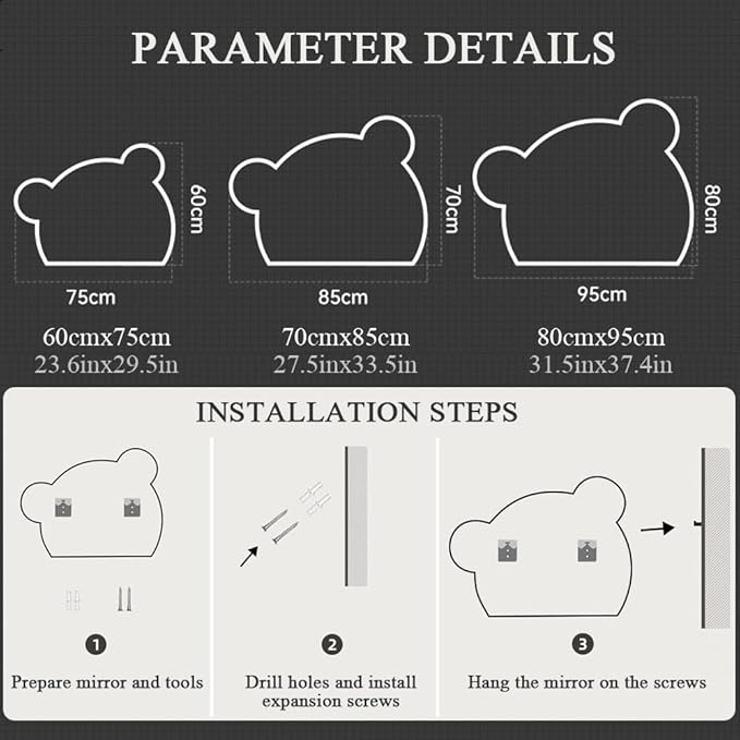 LTSRLL LED Vanity Mirror Cute Bear Decorative Mirror for Bathroom & Dressing Tabler Backlight Wall Mirror with 3 Color Dimmable Light Demister Pad Human Body Sensor Switch(Cut Right,60cmx75cm)