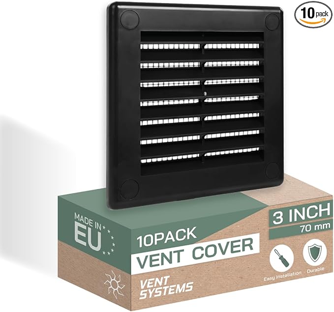 Vent Systems 3" x 3" Inch (Opening Dimensions) - Pack of 10 - Plastic Black Soffit Vent Cover - Flat Square Air Vent Grille - Air Vent Deflector - HVAC 4" x 4" Inch (Overall Dimensions)