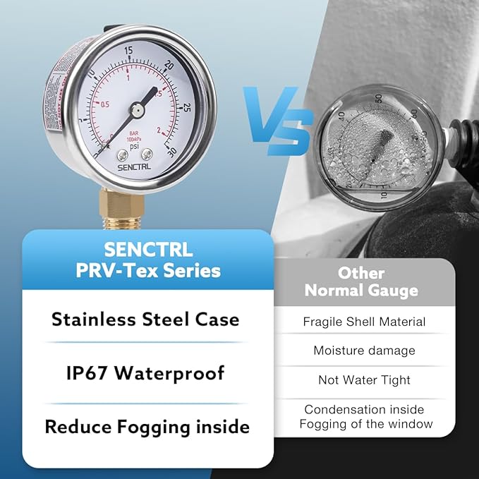 SENCTRL 0-30 Psi Low Pressure Gauge, 2" Dial Size, 1/4 Npt Lower Mount, Waterproof, Stainless Steel Case, for Water Oil Air Pressure Test