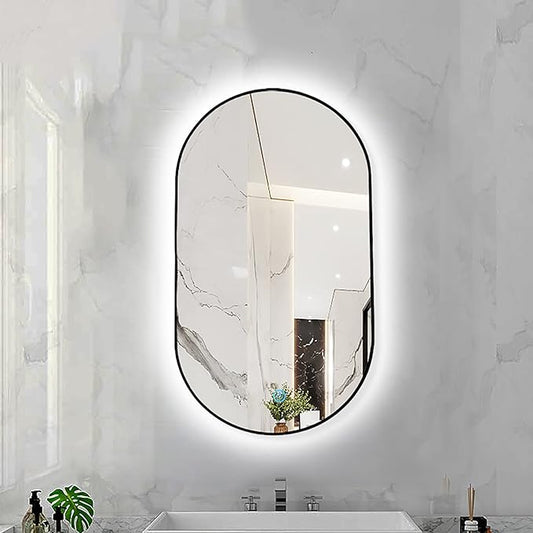 Oval LED Illuminated Bathroom Mirror, Wall-mounted Vanity Makeup Mirror with Demister Pad, 3 Dimmable Color Temperatures & Touch Control, Metal Frame Anti-Fog Lighted Wall Mirror ( Color : Black Frame