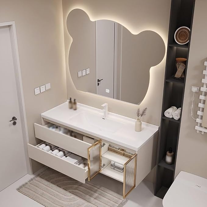 LTSRLL LED Vanity Mirror Cute Bear Decorative Mirror for Bathroom & Dressing Tabler Backlight Wall Mirror with 3 Color Dimmable Light Demister Pad Human Body Sensor Switch(Cut Left,70cmx85cm)