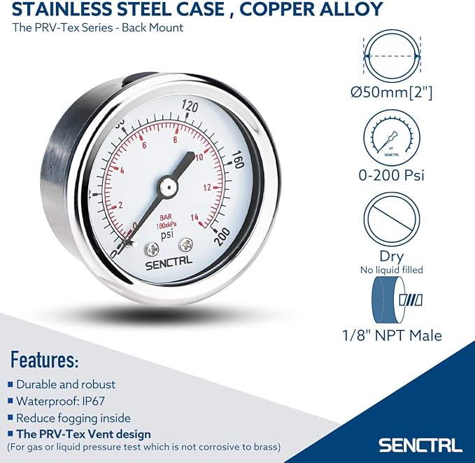SENCTRL 0-200 psi Pressure Gauge, 2" Dial Size, 1/8 NPT Back Mount, Waterproof, Stainless Steel Case, for Pneumatic Regulator Air Compressor Portable Tank Water Tire Test