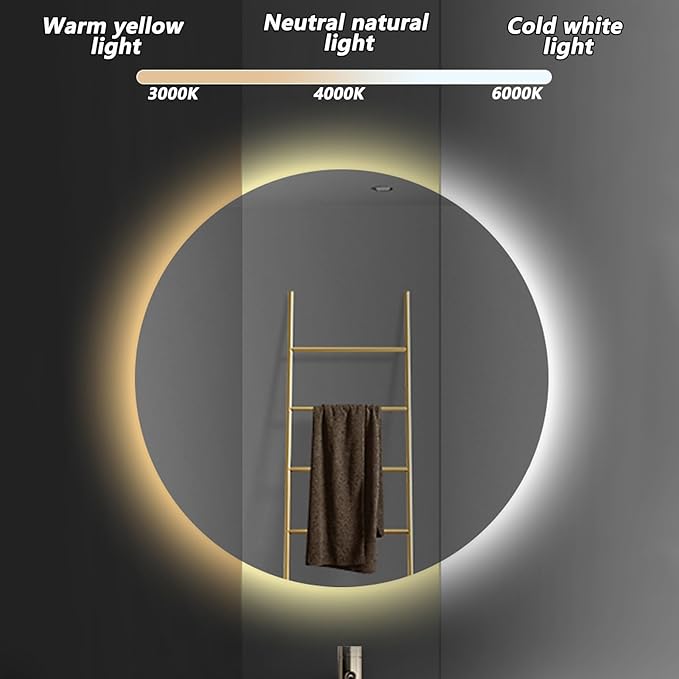 Bathroom Mirror with LED Lights and Touch Sensor, Wall Mounted Mirror with Demister Pad, 3 Colours of Light, Double Touch Button, for Entryway, Bathroom, Vanity(60cm/23.6in)