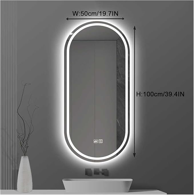 Bathroom Mirror with LED Lights，Bathroom Led Mirror ，Backlit Bathroom Mirror ，LED Mirror for Bathroom，Backlit Lighted Makeup Mirror，with Touch Sensor/Dimming/Demister pad(B,H100*W50cm/H39.4*W19.7IN)