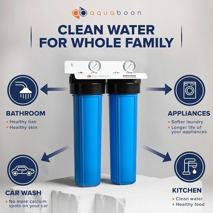 Aquaboon Whole House 2-Stage Water Filter System with 20x4.5 Anti-Scale, KDF Filters, Pressure Gauges & Release, Wrench, Iron Bracket
