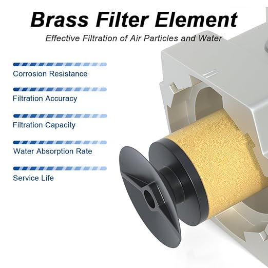 AIRZOE 3/8" NPT Air Filter Regulator Combo Piggyback,5 Micron Brass Element, Semi-Auto Drain,Air Pressure Regulator AW3000-03,0-145 psi Gauge