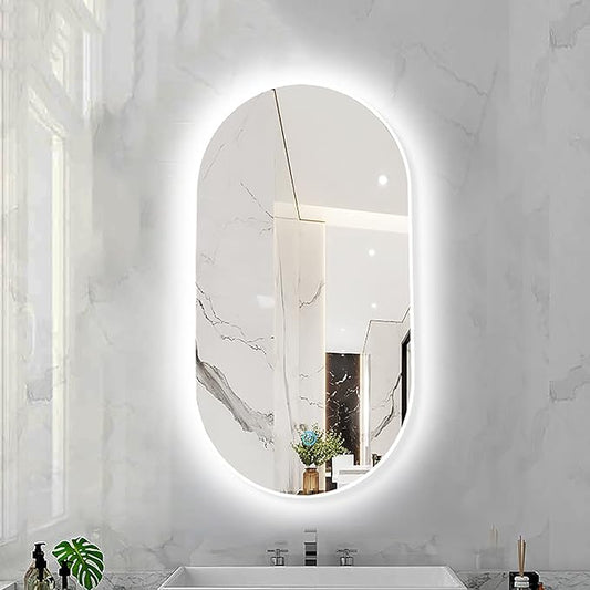Oval LED Illuminated Bathroom Mirror, Wall-mounted Vanity Makeup Mirror with Demister Pad, 3 Dimmable Color Temperatures & Touch Control, Metal Frame Anti-Fog Lighted Wall Mirror ( Color : White Frame
