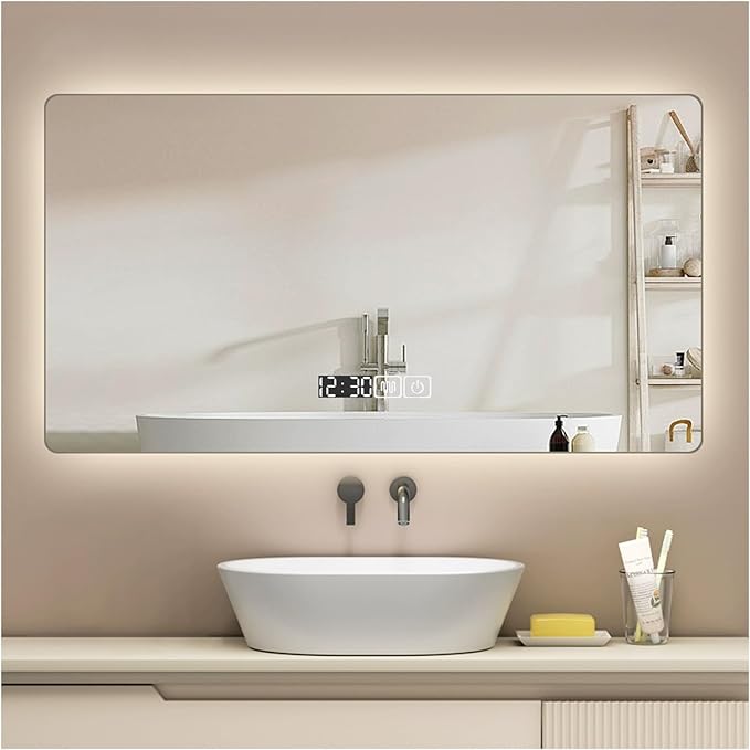 Backlit LED Illuminated Bathroom Mirror with LED Lights, Lighted Bathroom Makeup Wall Mounted Mirror with Demister Pad, Sensor Touch Switch, Horizontal/Vertical(A,H50*W70CM/H19.6*W27.5IN)