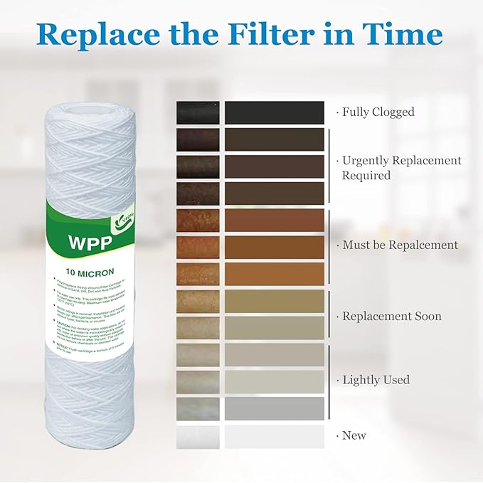 10 Micron String Wound Whole House Water Filter 10" x 2.5", 10-inch Universal Sediment Pre-Filters for Well Water, Replacement Cartridge for FXWSC, CW-F, CW-MF, 1SS, W5W, AO-WH-PRE-R2, 6-Pack