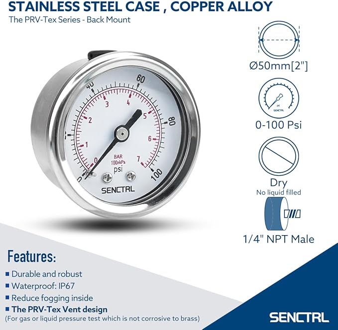 SENCTRL 0-100 Psi Pressure Gauge, 2" Dial Size, 1/4 NPT Back Mount, Waterproof, Stainless Steel Case, for Water Filter Well Pump Air Tire Low Pressure Test