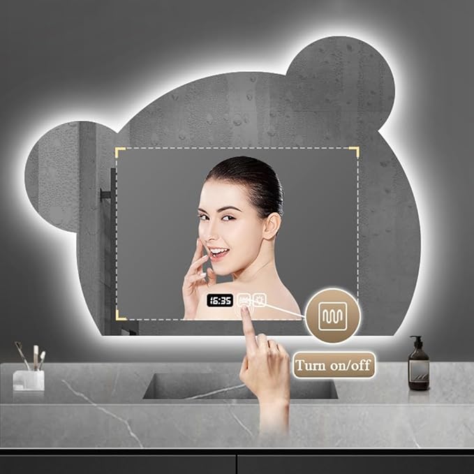 LTSRLL LED Vanity Mirror Cute Bear Decorative Mirror for Bathroom & Dressing Tabler Backlight Wall Mirror with 3 Color Dimmable Light Demister Pad Human Body Sensor Switch(Cut Down,70cmx85cm)