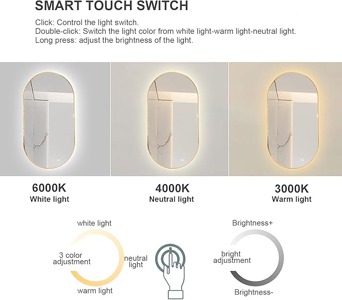 Oval LED Illuminated Bathroom Mirror, Wall-mounted Vanity Makeup Mirror with Demister Pad, 3 Dimmable Color Temperatures & Touch Control, Metal Frame Anti-Fog Lighted Wall Mirror ( Color : White Frame