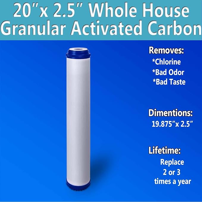 Standard Whole House Coconut Shell Granular Activated Carbon Water Filter 20” x 2.5” Fits 20” x 2.5” Housings. Remove Chlorine and Bad Odor. Compatible with EP-20, HX-CB-25-2010, F3WCB32 Pack of 6