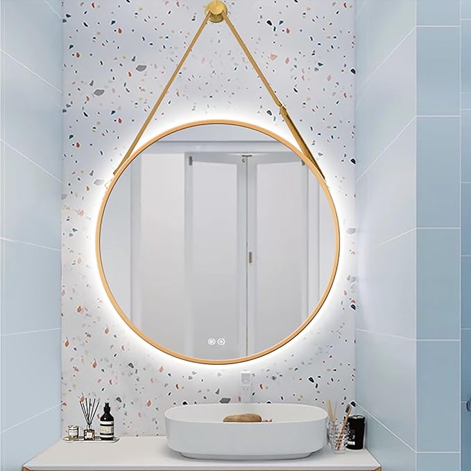 JSLJDM 500X500 mm Illuminated Backlit LED Bathroom Mirror, Wall Mounted Multifunction Bathroom Vanity Mirror with Lights and Demister Pad, Energy-Saving Illuminated Smart Mirror 60cm/23.5in Gold