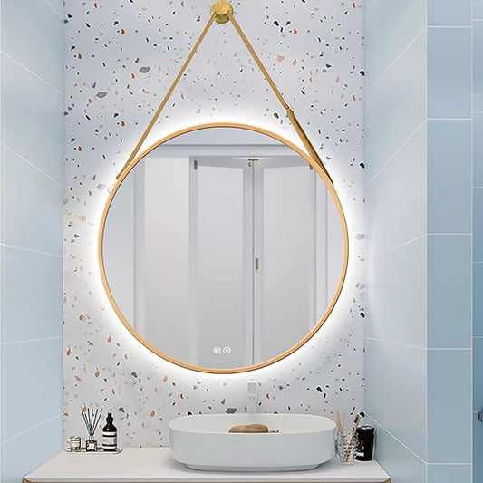 JSLJDM 500X500 mm Illuminated Backlit LED Bathroom Mirror, Wall Mounted Multifunction Bathroom Vanity Mirror with Lights and Demister Pad, Energy-Saving Illuminated Smart Mirror 70cm/27.5in Gold