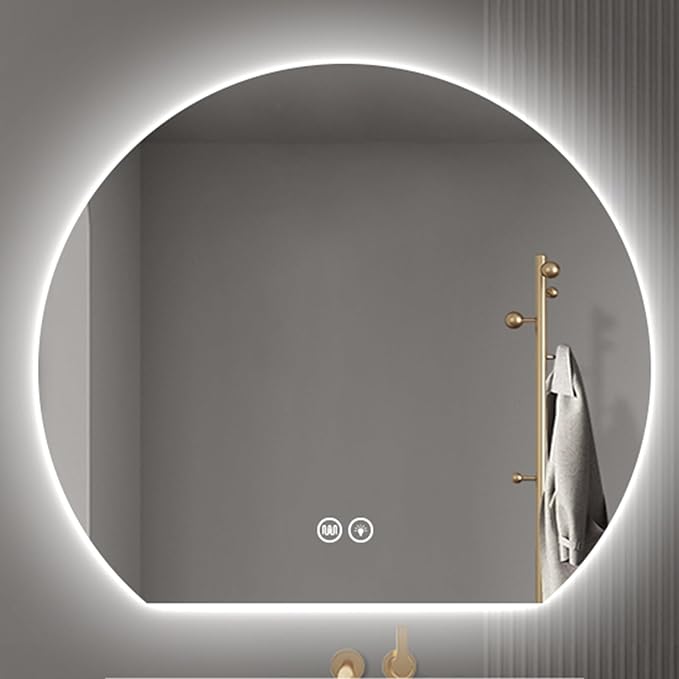 Bathroom Mirror with 3 Colour LED Lights, Wall Mounted Bathroom Vanity Mirror, Demister Heat Pad/Dimming Function/Touch Switch Smart Mirror(A,19.6"x17.7"/50x45cm)