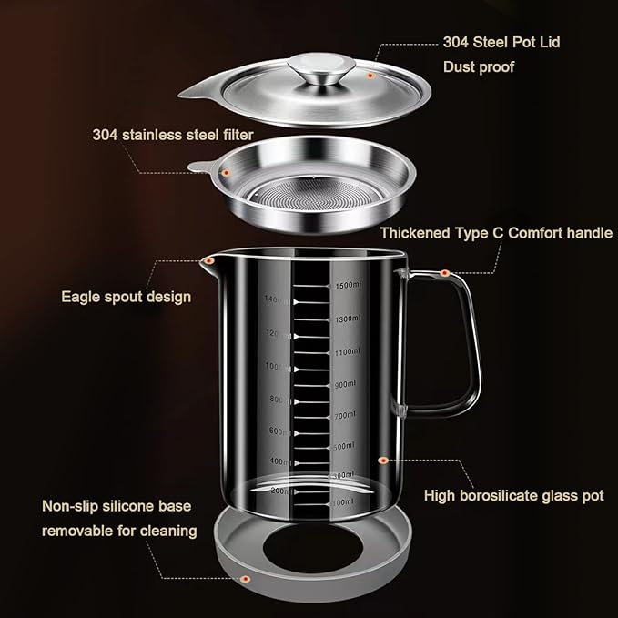1L/35oz Glass Bacon Grease Container with Strainer, Cooking Oil Storage Can with Fine Mesh Filter and Scale, Lid and Easy-Grip Handle,Fat Separator for Storing Fats, Frying Oil and Cooking Grease