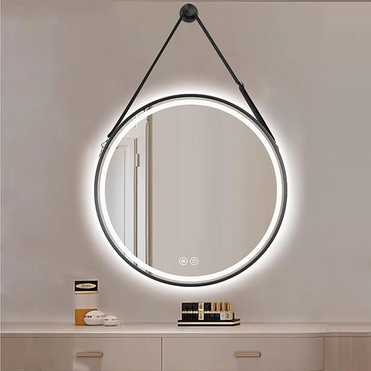 JSLJDM 500X500 mm Illuminated Backlit LED Bathroom Mirror, Wall Mounted Multifunction Bathroom Vanity Mirror with Lights and Demister Pad, Energy-Saving Illuminated Smart Mirror 50cm/19.8in Black
