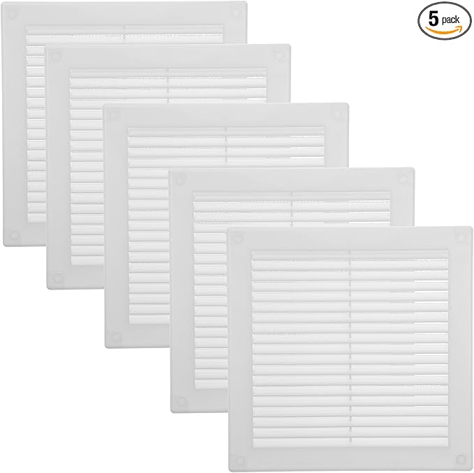 Vent Systems 6" x 6" Inch (Opening Dimensions) - Pack of 5 - Plastic White Soffit Vent Cover - Flat Square Air Vent Grille - Air Vent Deflector - HVAC 8" x 8" Inch (Overall Dimensions)