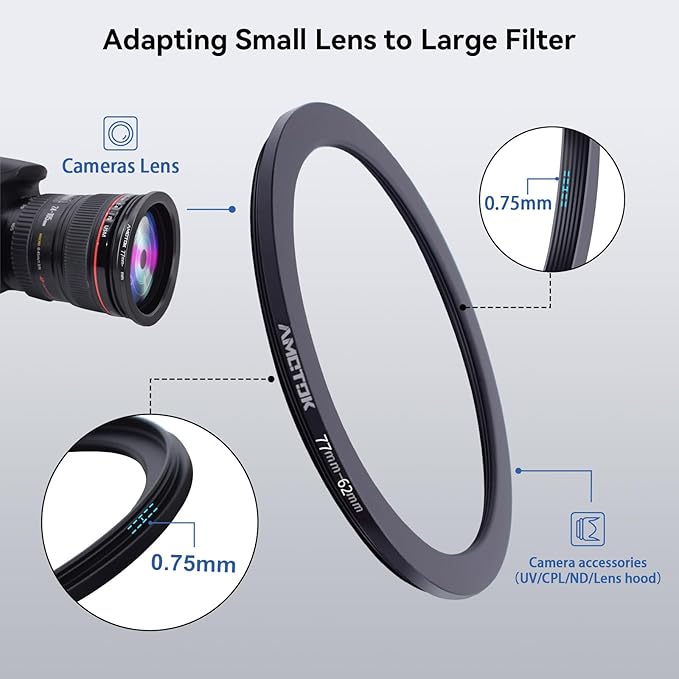 77mm Lens to 62mm Camera Lens Adapter,77mm to 62mm Filter Step-Down Ring Adapter Ring,Compatible All 62mm Filter Accessory