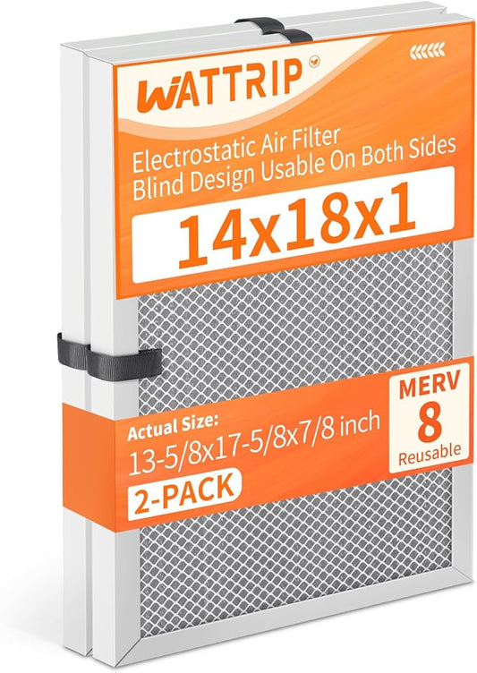 2-Pack 14x18x1 MERV 8 Reusable & Washable Electrostatic Air Filters - Long-Lasting Filter for HVAC, Furnace & Air Conditioner Units, Actual Size: 13-5/8” x 17-5/8” x 7/8”