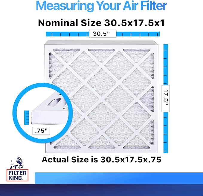 Filter King 30.5x17.5x1 Air Filter | 4-PACK | MERV 8 HVAC Pleated A/C Furnace Filters | MADE IN USA | Actual Size: 30.5 x 17.5 x .75"