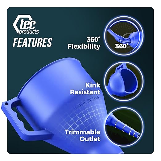 TEC Products FlexAll Long Flexible Funnels - Automotive Oil Funnel with Hose, Durable Nitrile Rubber for Oil Change, Transmission Funnel Fluid, Diesel, Fuel, Gas - Made in USA - Blue (16 x 5 Inches)