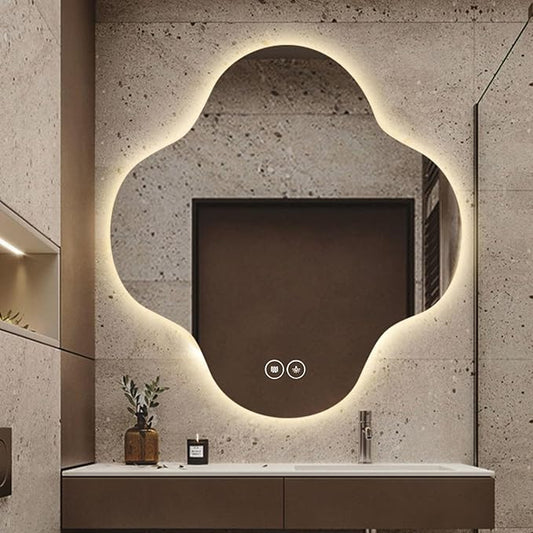 Irregular Bathroom Mirror with LED Light, Wall Mounted Mirror with Demister Pad, 3-Color Dimmable LED Light, for Wall, Living Room, Bedroom, Vanity, Entryway(60cm/23.6in)