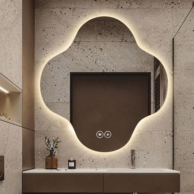 Irregular Bathroom Mirror with LED Light, Wall Mounted Mirror with Demister Pad, 3-Color Dimmable LED Light, for Wall, Living Room, Bedroom, Vanity, Entryway(50cm/19.7in)