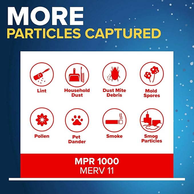 Filtrete 16x20x1 AC Furnace Air Filter, MERV 11, MPR 1000, Micro Allergen Defense, 3-Month Pleated 1-Inch Electrostatic Air Cleaning Filter, 4 Pack (Actual Size 15.69 x 19.69 x 0.81 in)