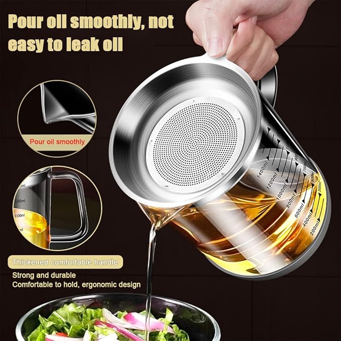 1L/35oz Glass Bacon Grease Container with Strainer, Cooking Oil Storage Can with Fine Mesh Filter and Scale, Lid and Easy-Grip Handle,Fat Separator for Storing Fats, Frying Oil and Cooking Grease