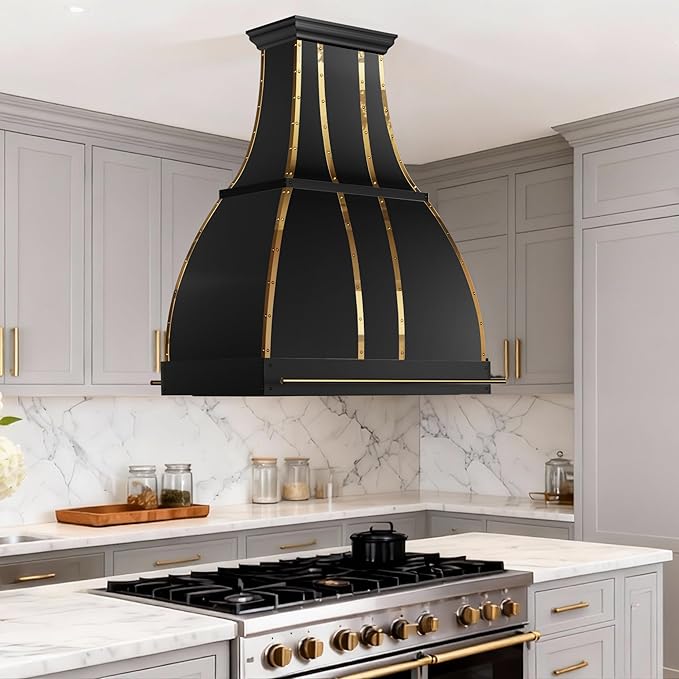 CHETTO C Stainless Steel Range Hood Cover with 4-Speed Vent Hood Insert Custom Handmade Metal Kitchen Fan with Towel Rack LED Light 30"W x27"D x57"H Black Island Mount
