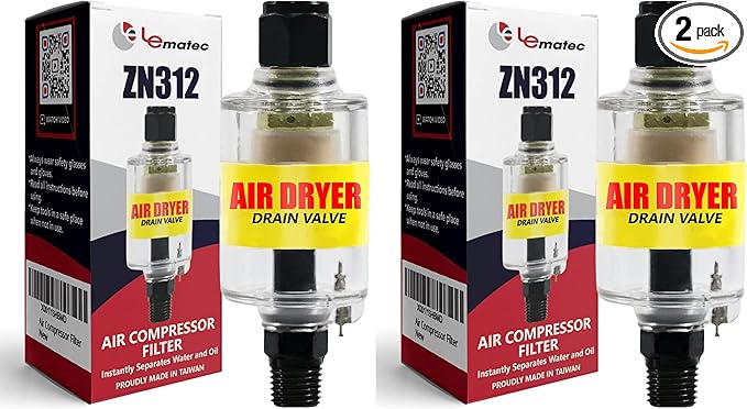 LE LEMATEC Air Dryer for Compressor - Inline Water Separator & Air Tool Oil, 1/4" NPT Moisture Separator for HVLP Spray Guns, Plasma Cutters, Pneumatic Tools, 2-150 PSI (Pack of 2)