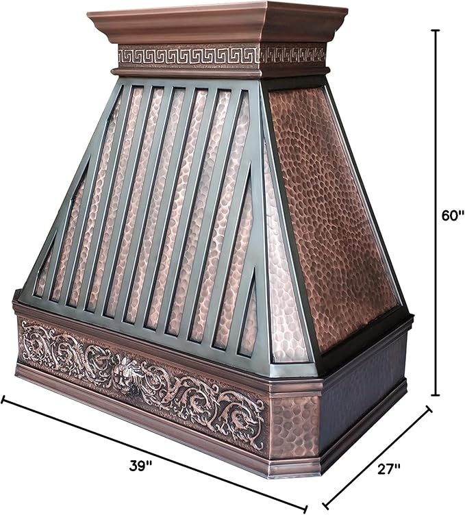 CT Copper Tailor Copper Vent Hood Island Mount,60'' W,39''H,1260 CFM Exhaust Fan,Stainless Steel Vent,LED Light,Dishwasher-Safe Baffle Filters,Light Hammered-Medium Patina,VH14TA2L