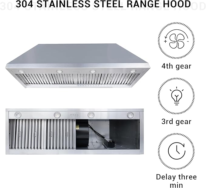CHETTO C Stainless Steel Range Hood Cover with Quiet Vent Hood Insert Custom Handcrafted Metal Kitchen Fan with Towel Rack LED Light 54"W x21"D x42"H Brushed Stainless Steel Wall Mount