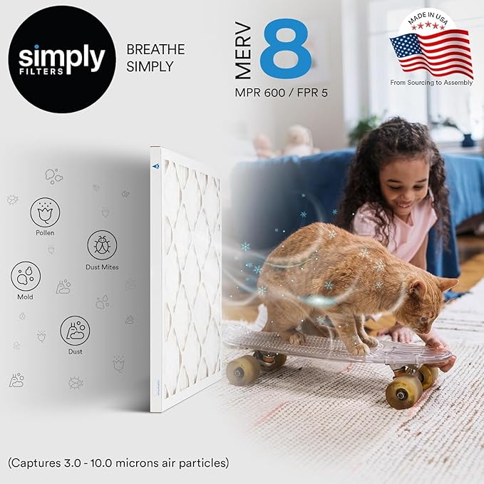 Simply 20x20x4 Air Filter, MERV 8, 6 Pack, Furnace Air Filter for HVAC (Actual Size:19.5"x19.5"x3.63") DUST, Pet, & Allergy Control