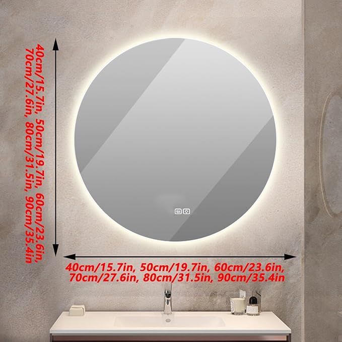Bathroom Mirror with LED Lights and Touch Sensor, Wall Mounted Mirror with Demister Pad, 3 Colours of Light, Double Touch Button, for Entryway, Bathroom, Vanity(70cm/27.6in)