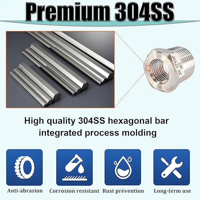 1" Male to 1/2" NPT Female Hex Bushing Reducer, 304 Stainless Steel NPT Reducing Adapter Pipe Fitting, Heavy Duty Pipe Hex Bushing for Reducing Pipe (1” MNPT x 1/2” FNPT)