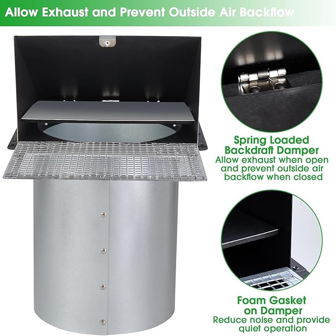 7 Inch Hooded Wall Vent with Mesh and Damper, 7'' Exhaust Vent Cover Cap for Kitchen Range Hood/Dryer/Laundry/Bathroom Exhaust Fan,Outside Wall Vent Hood Exterior Duct Vent Cap-Galvanized Steel,Black