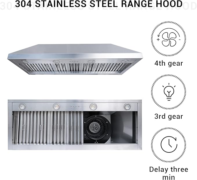 CHETTO C Stainless Steel Range Hood Cover with Quiet Vent Hood Insert Custom Handcrafted Metal Kitchen Fan with Towel Rack LED Light 42"W x24"D x36"H Brushed Stainless Steel Wall Mount