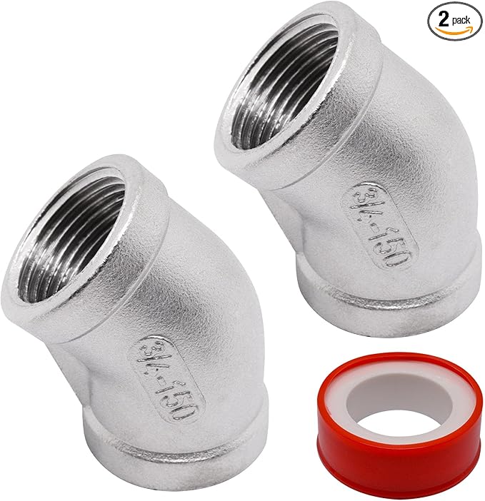 45 Degree Elbow 2PCS, 3/4" NPT Female x 3/4" NPT Female 304 Stainless Steel Pipe Fitting, Connector Coupler Apply to Outdoor/Garden/Industrial