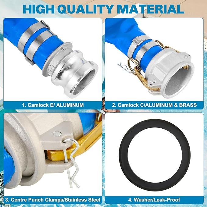 2" x 100 Ft Discharge Hose, Heavy Duty PVC Lay Flat Water Backwash Hose,Durable Pool Drain Hose with Aluminum CE Fittings for Water Pump And Filters