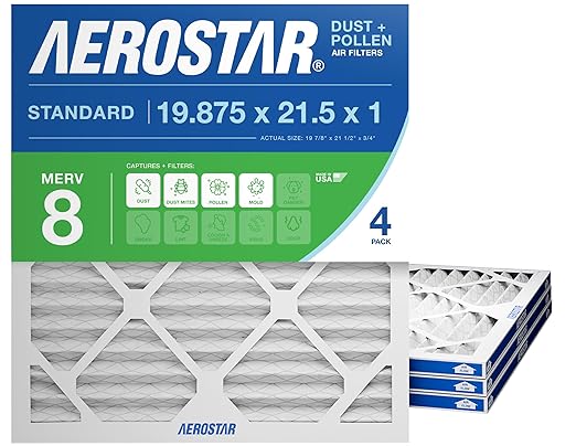 Aerostar 19.875x21.5x1 MERV 8 - 4 Count - High Efficiency Pleated HVAC, Furnace & Air Conditioner Filters - Removes Dust, Lint, Mold & Allergy-Causing Pollen