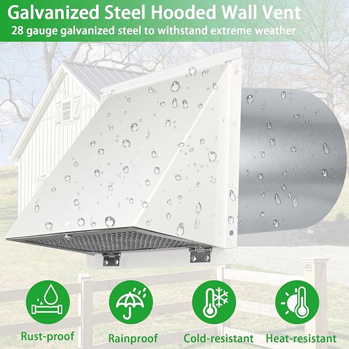 12 Inch Hooded Wall Vent with Screen and Damper,Outdoor Wall Exhaust Cover Cap Dryer Vent Cover for Duct HVAC Dryer AC Range Hood Exterior Cooling Ventilation and Outside Air Exhaust,Galvanized Steel