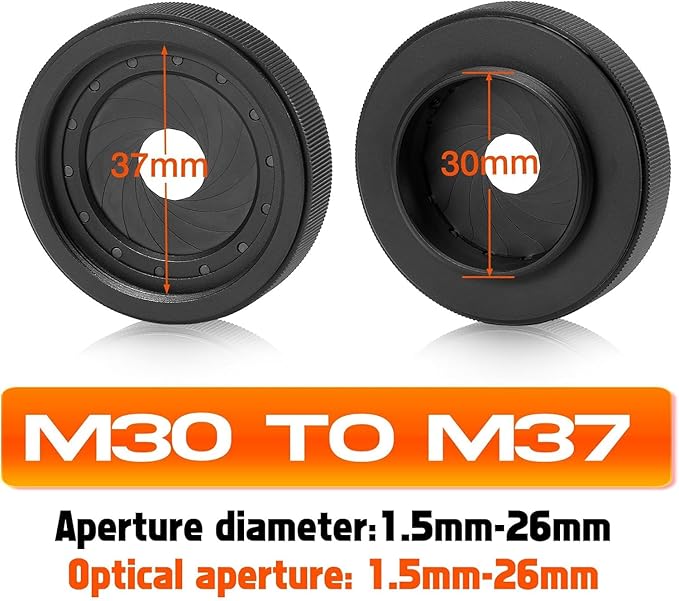 Adjustable Iris Aperture Diaphragm M30 to M37 Iris Aperture Diaphragm Adapter Optical Diaphragm 1.5-26mm Lens Module Adapter Ring PVS-14 PSV14 Optics (Filter Protector Cover Set 1)