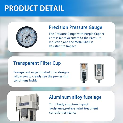 XingNEeng 3/8" NPT Compressed Air Filter Regulator Combo Piggyback, Water/Oil Trap Separator with Pressure Gauge(0-150 psi), Semi-Auto Drain, Poly Bowl, 5 Micron Brass Element, Metal Bracket