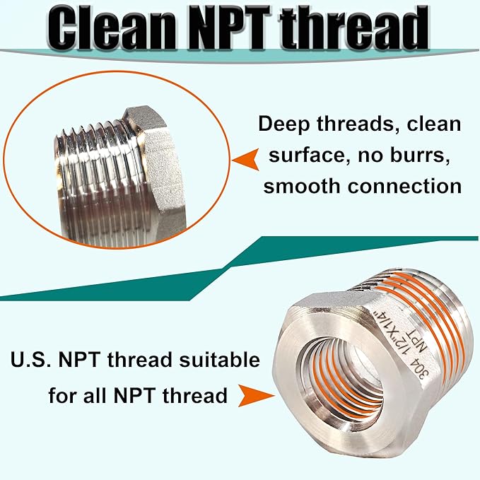 3/8" NPT Male to 1/4" NPT Female Hex Bushing Reducer, 304 Stainless Steel NPT Reducing Adapter Pipe Fitting, Heavy Duty Pipe Hex Bushing for Reducing Pipe (3/8” MNPT x 1/4” FNPT)