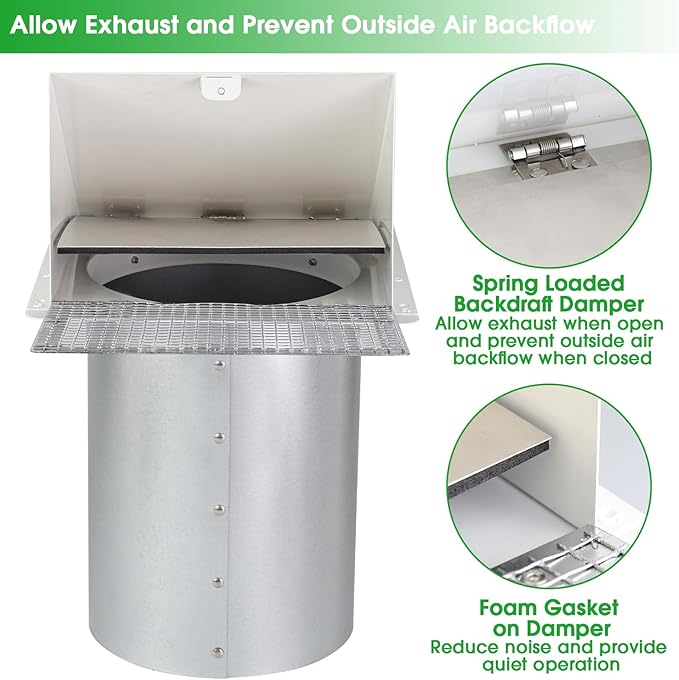 8 Inch Hooded Wall Vent with Screen and Damper,Outdoor Wall Exhaust Vent Cover Cap for Kitchen Range Hood Dryer Duct Ventilation &Exterior Air Exhaust Applications,Galvanized Steel,White