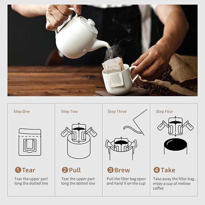 Hanging Ear Drip Coffee Bag Holder with 50-100Pcs Portable Coffee Filter Paper Bag, Coffee Drip Bag Chair Stand, Portable Coffee Filter Paper Bag, for Easy Pour Over (Stand + 100 Bags)